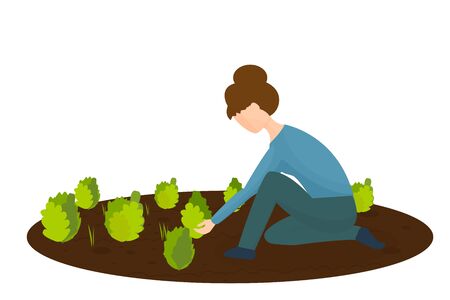 Woman kneeling, working in the garden with plants and grass in vector design. Graphic illustration ecology, agriculture concept, isolated on white background. Stylish countrysideのイラスト素材