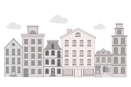 Street buildings in grey colours in vector design. Graphic detailed Illustration, panorama view. Elegant buildings, cityscape. Can be used as banner, poster, print. Flat creative decorのイラスト素材