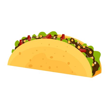 Taco stock vector illustration in flat style. Typical mexican food, traditional meal, snack, isolated on white background. Taco fast food.のイラスト素材