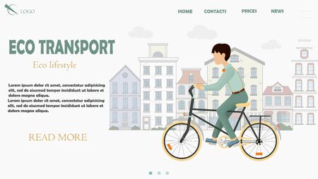 Concept of landing page on ecology, environmentally friendly transport and healthy, active lifestyle theme. Character man riding on bike, on the street. Web site cover, banner, trendy Illustrationのイラスト素材