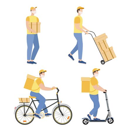 Set of four delivery couriers in uniform with package isolated on white background stock vector illustration. Riding on bike and on electric scooter. Using medical facial masks. Quarantine conceptのイラスト素材