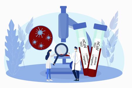 Tiny doctors near microscope, blood in test tubes in vector design. Graphic medical, blood testing, nCoV, Corona virus concept illustration. Text: positive and negative resultsのイラスト素材