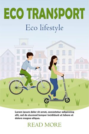Eco transport, active lifestyle web site banner template in vector design. Girl riding on kick scooter, man riding on bike. Houses on background, green grass. のイラスト素材