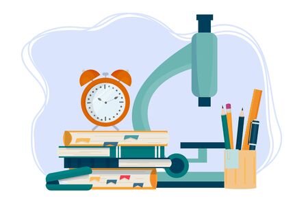 Flat composition with alarm, microscope, books, pencil, pen, ruler isolated stock vector illustration. E-learning, education. Back to school concept. のイラスト素材