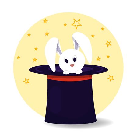 White cute rabbit in magic hat stock vector illustration. Entertainment, Illusionist show in flat style. Abracadabra and mistery, positive compositionのイラスト素材