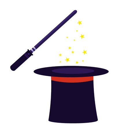 Magic hat and wizard stick isolated on white background stock vector illustration. Magical, Illusionist show, performance. Graphic object, clipart. のイラスト素材