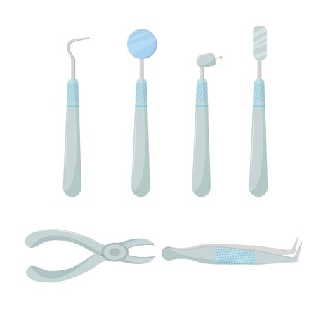 Dental, stomatology, medical tools, equipment isolated on white background stock vector illustration. Set of objects for design. Professional instruments for examination and health care.のイラスト素材