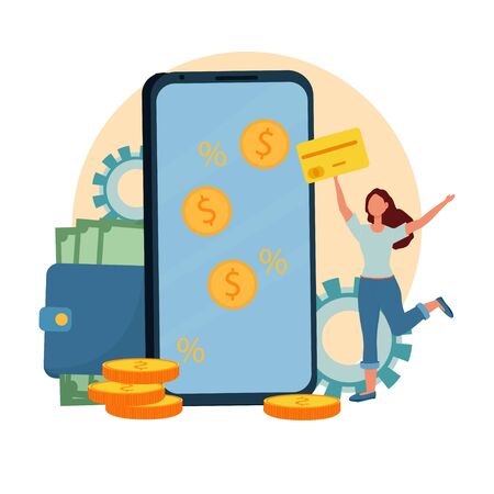Wallet with banknotes, phone with coins on screen near happy woman jumping with card stock vector illustration. Earn money, online banking, deposit concept in flat style.のイラスト素材