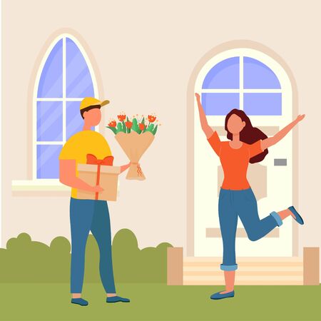 Flower delivery service concept. Courier with present and bouquet and happy surprised woman stock vector illustration.のイラスト素材