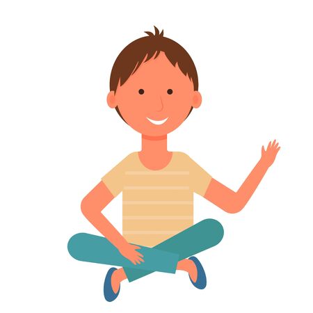 Child, kid, boy character isolated on white background sitting on floor stock vector illustration. Happy smiling little person, graphic clipart in flat style, bright colours.のイラスト素材