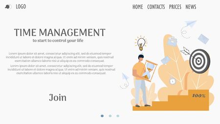 Man holding hourglass standing on stairs to goals landing page, web template design stock vector illustration. Personal productivity, time management concept.のイラスト素材