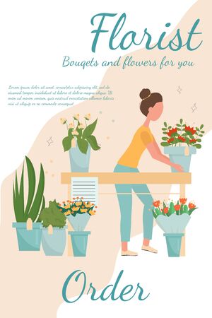 Florist service, flower shop concept, web banner, template stock vector illustration. Woman florists with bouquet. Bright harmonic colours, modern composition in flat styleのイラスト素材