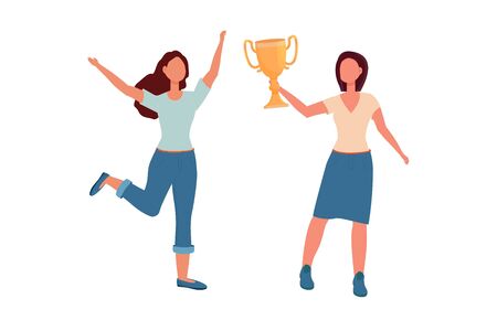 Set two women, happy, success, winner with gold cup stock vector illustration, isolated on white background. Professional or personal growth concept. Woman power in flat style.のイラスト素材