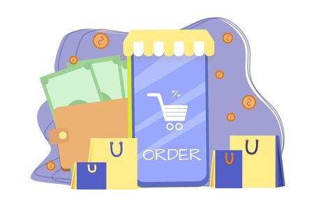 E-commerce, online shopping composition in bright colours isolated stock vector illustration. Mobile phone, packages, money, coins. Flat style. Customer service.のイラスト素材