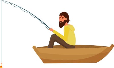 Fisherman sitting in boat with equipment isolated on white background stock vector illustration in flat style. Vector illustrationのイラスト素材