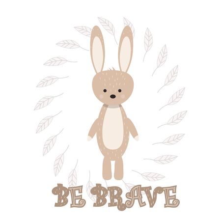 Cute, adorable rabbit in Scandinavian style stock vector illustration on leaves background. Poster, print, baby shower composition. Fashion forest animal. Vector illustrationのイラスト素材