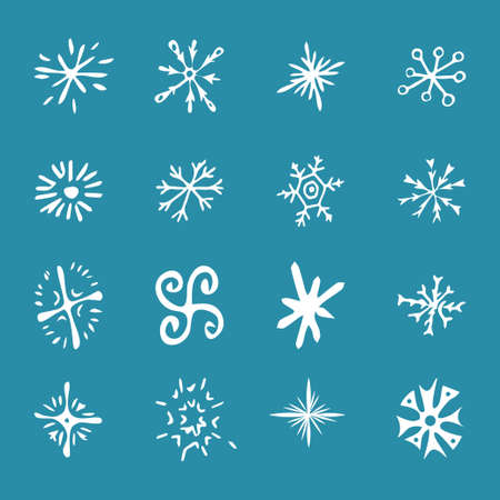 Set vector doodle hand drawn snowflakes. Collection of snowflake winter decoration in white colour isolated on blue background stock vector illustration. 16 cutout design elements. Vector illustrationのイラスト素材