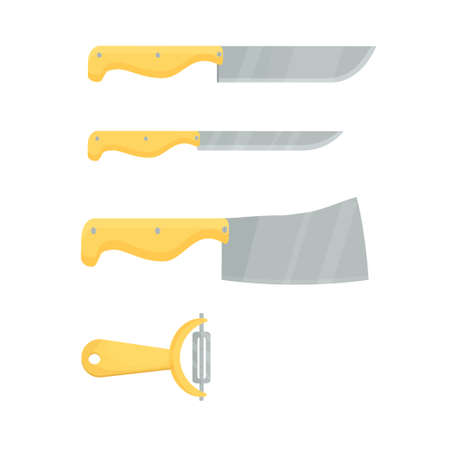 Set, collection of kitchen knives, different shapes, domestic, household objects isolated on white background stock vector illustration. Vector illustrationのイラスト素材