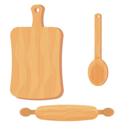 Wooden utensil in vintage style, vector roling pin, cutting board and spoon isolated on white background stock vector illustration. Vector illustrationのイラスト素材