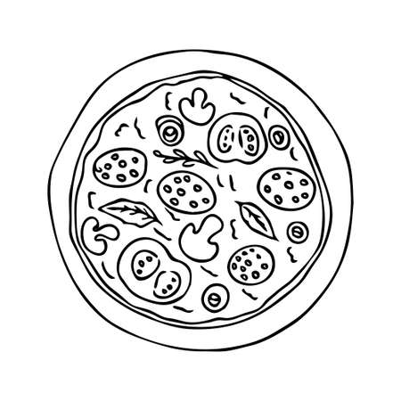 Doodle hand drawn pizza, round shape, contour isolated on white background stock vector illustration. Vector illustrationのイラスト素材