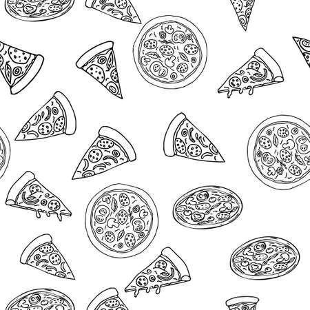 Pizza in different design seamless pattern hand drawn sketch. Doodles Food background stock vector illustration.のイラスト素材