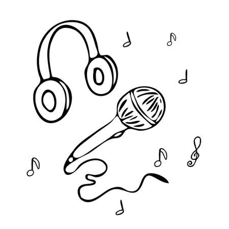 Media tools, earphones and microphone. Sound recording equipment, broadcasting facilities handdrawn vector illustration. Podcast studio items, contour drawingのイラスト素材
