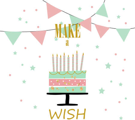 Happy birthday greeting card with cake candles, flags and text Make a wish, stylish composition...