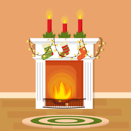 Christmas fireplace, decorative element, with socks for presents, candles. Bright, colorful and editable object stock vector illustration. Vector illustrationのイラスト素材