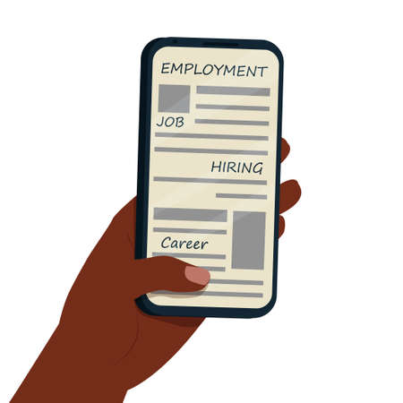 Afro-American Hand holding smartphone with employment, job search app, web page isolated on white background stock vector illustration. Vector illustrationのイラスト素材