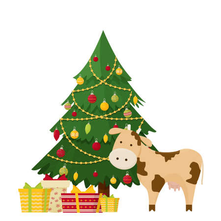 Christmas pine tree with balls and decorations, bright boxes with presents, gifts and cute cow symbol of new year isolated on white background stock vector illustration. Vector illustrationのイラスト素材