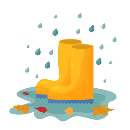 Yellow gumboots in puddle and falling leaves. Bright autumn composition isolated on white background stock vector illustration. Vector illustrationのイラスト素材