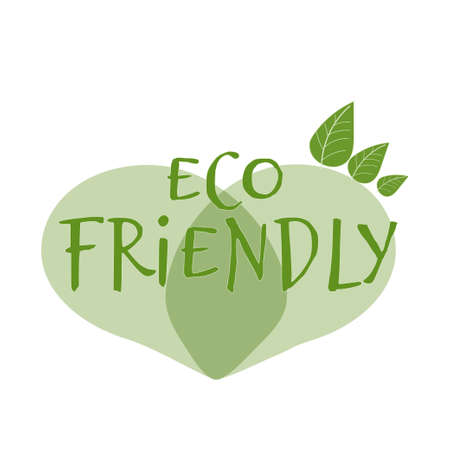 Text Eco friendly in abstract shape of heart in green colour isolated on white background decorated with leaves stock vector illustration. Vector illustrationのイラスト素材
