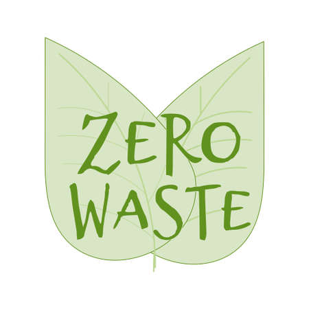 Text Zero Waste in abstract shape of leaves isolated on white background. Sticker, badge, creative in green colour stock vector illustration. Vector illustrationのイラスト素材