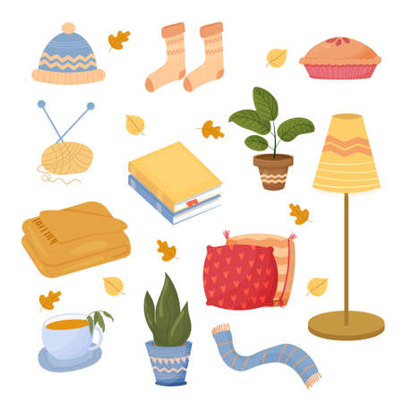 Hygge. Scandinavian lifestyle set of cozy objects isolated on white background. Books, bright pillows, knitted hat, socks and scarf, stylish ornamental design elements stock vector illustration. Vector illustrationのイラスト素材