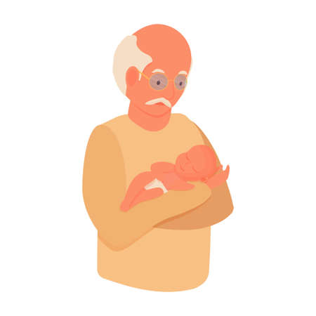 Grandfather holding newborn baby in his hands, colorful, warm portrait isolated on white background. Family, relations, age concept. Vector illustrationのイラスト素材