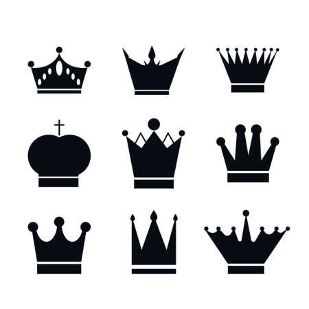 Set, collection of black crowns isolated on white background. Icon, design element or stencil stock vector illustration.のイラスト素材