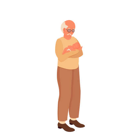 Grandfather holding newborn baby in his hands, colorful, warm full length character isolated on white background. Family, relations, age concept.のイラスト素材