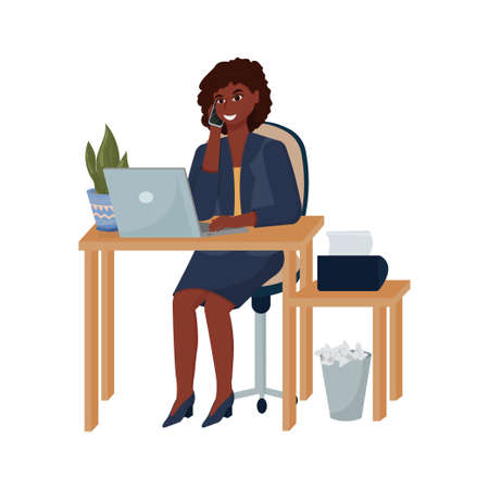 Young beautiful african woman in business suit sitting, smiling and talking on phone. Vector illustration, flat design. Concept for office worker, secretary, working woman isolated on white backgroundのイラスト素材