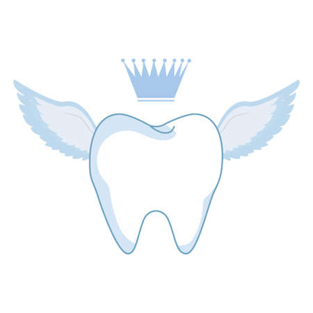 Tooth with crown and wings, dental care, stomatology  isolated on white background. Business clipart, clinic service stock vector illustration.のイラスト素材