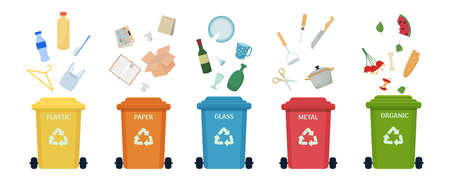 Set of trash cans, containers with different types of garbage, recycling symbols isolated on white background. Ecology, environment care concept stock.のイラスト素材