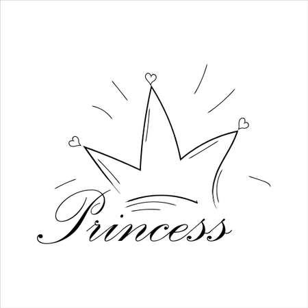 Crown and text princess, black lineart, simple, creative composition isolated on white background.のイラスト素材