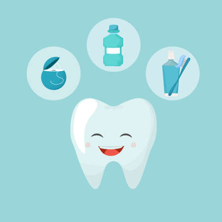 Happy, emotional tooth and tools, equipment for hygiene procedure. Mouthwash, dental floss and...