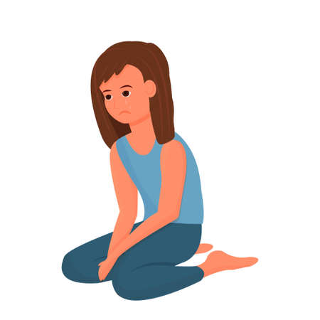Depressed child, girl sitting alone, upset pose and face emotions isolated on white background. Unhappy, suffer person. Vector illustrationのイラスト素材