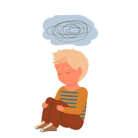 Sad, depressed child, kid sitting alone. Emotional pose, face. Psychology problem, stress concept isolated on white background. Vector illustrationのイラスト素材