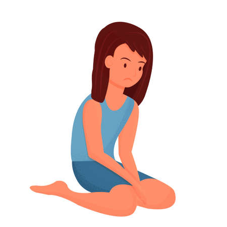 Depressed child, girl sitting alone, upset pose and face emotions isolated on white background. Unhappy, suffer person. Vector illustrationのイラスト素材