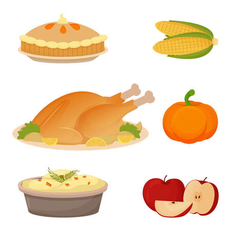 Set of Thanksgiving food turkey, mashed potatoes, apples, pumpkin, corn and pie. Collection of objects isolated on white background. Vector illustrationのイラスト素材