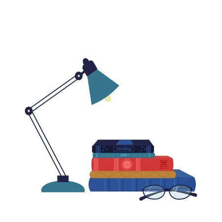 Composition stack of books, table lamp, reading glasses. Stylish, colorful. Hobby, education concept isolated on white background. Vector illustrationのイラスト素材