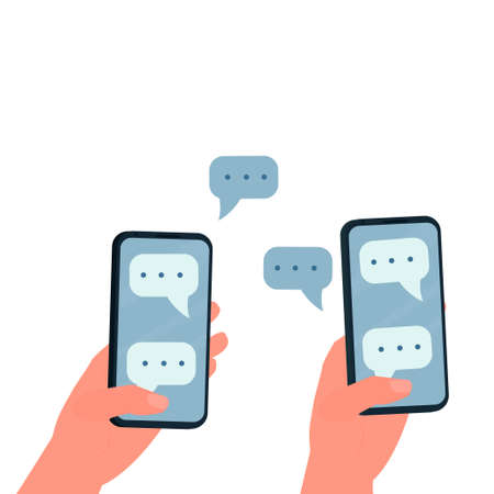 Hands holding smartphones, chatting and connection concept isolated on white background. Massages on screen and near. . Vector illustrationのイラスト素材
