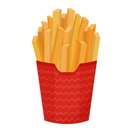 A pile of french fries, full red paper pack, isolated fast food on white background. Delicious, colorful snack, object. . Vector illustrationのイラスト素材