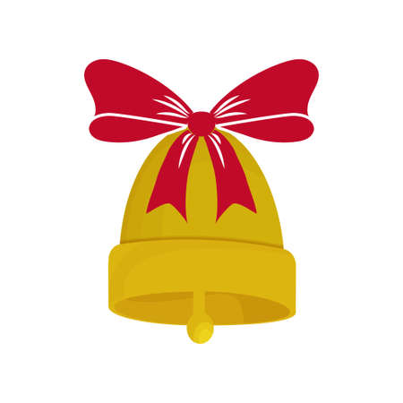 Golden bell with bow, red Christmas ribbon stylish isolated on white background. Holiday decorations, bauble. . Vector illustrationのイラスト素材